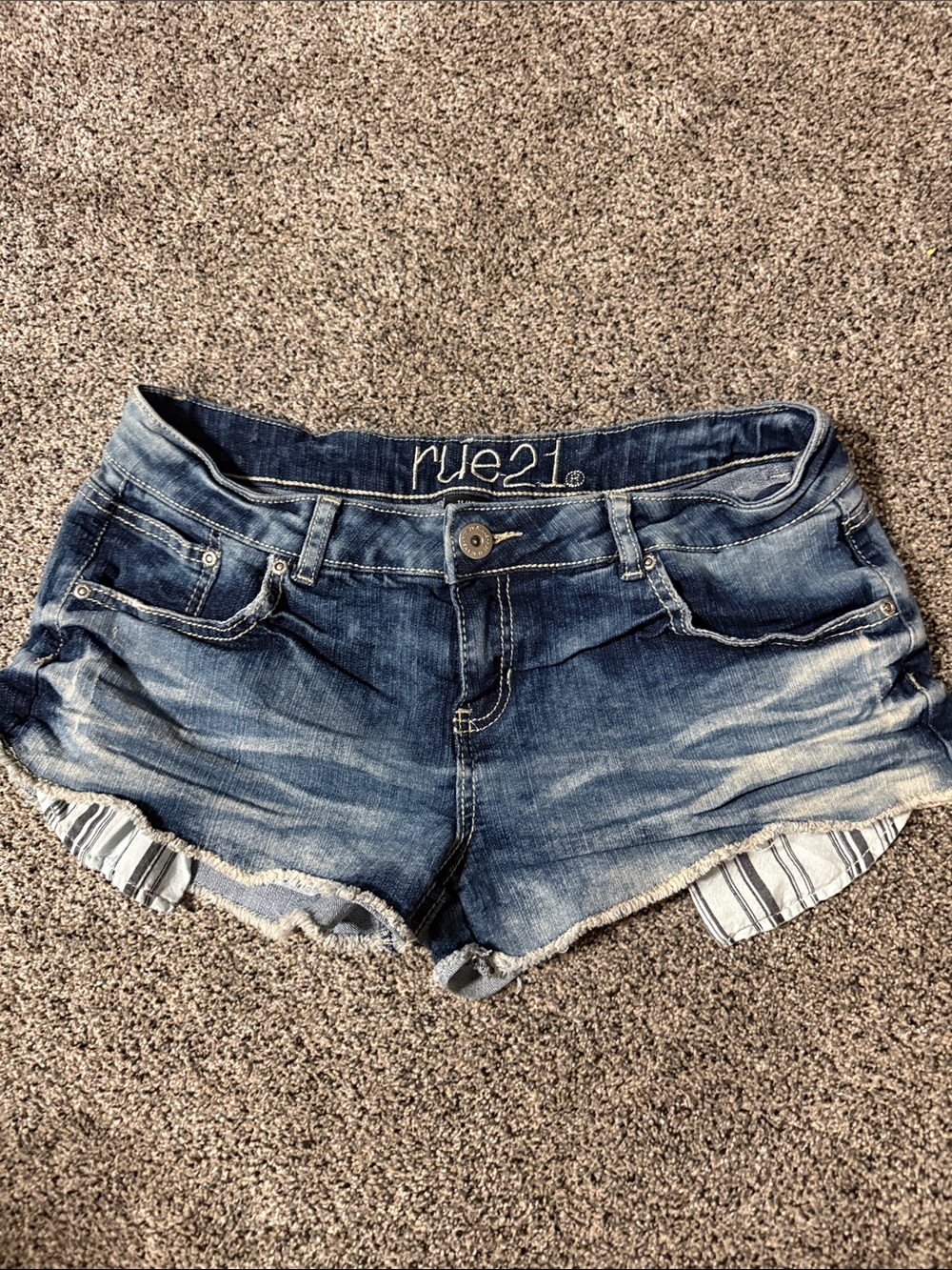 Rue21 Dark Blue Washed Denim Cutoff Shorts with Striped Pockets